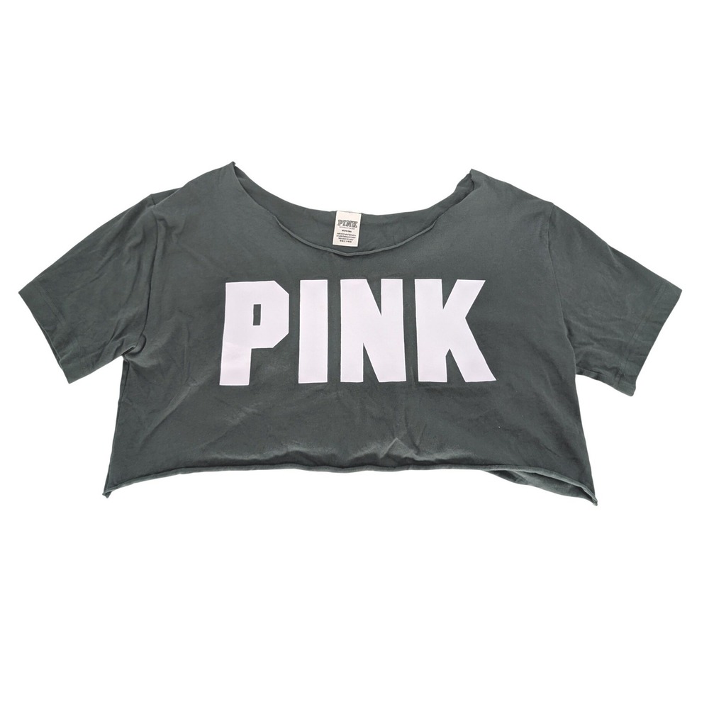 PINK Victorias Secret Crop Top Tee M Green Short Sleeve Raw Hem Graphic Logo Y2K